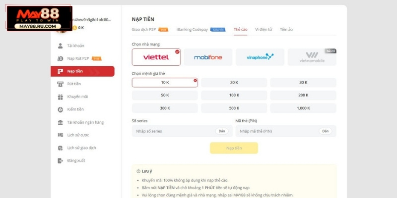 Nạp tiền bằng Thẻ cào